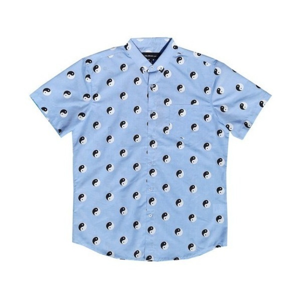Molokai Surf Co. Mens Short Sleeve Button Up‎ Shirt Blue Yin Yang Size Large